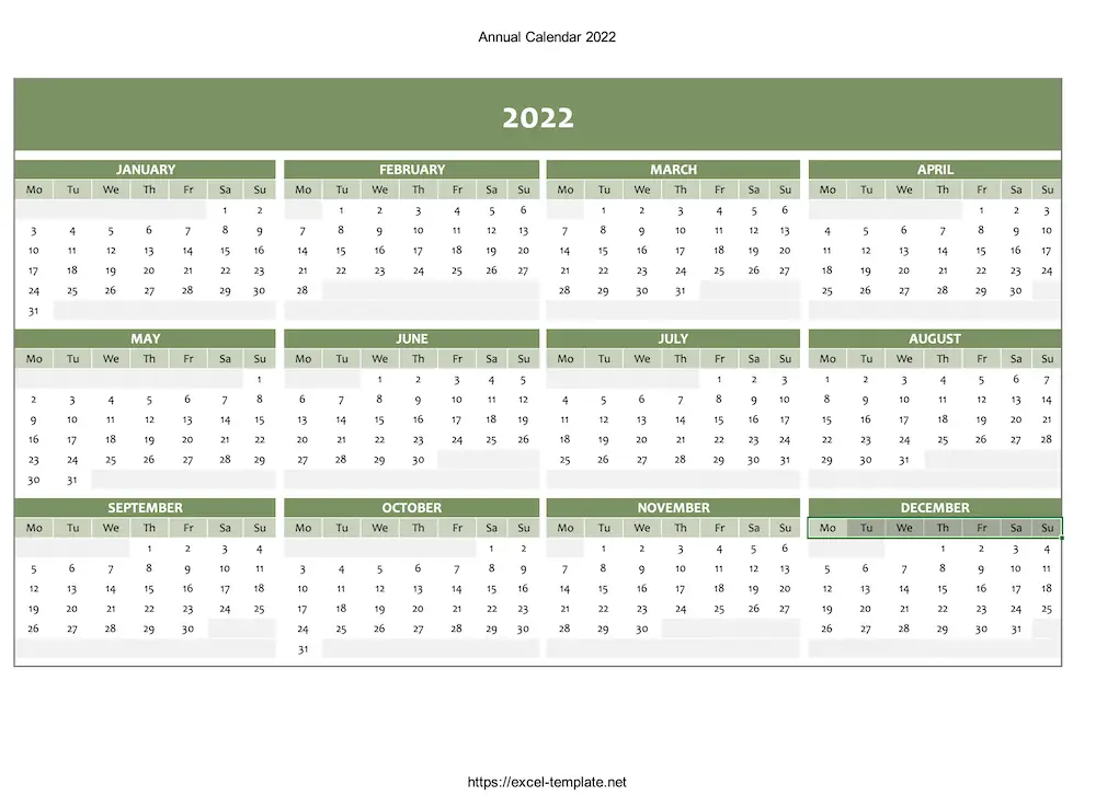 Green annual calendar 2022 (Excel or PDF)