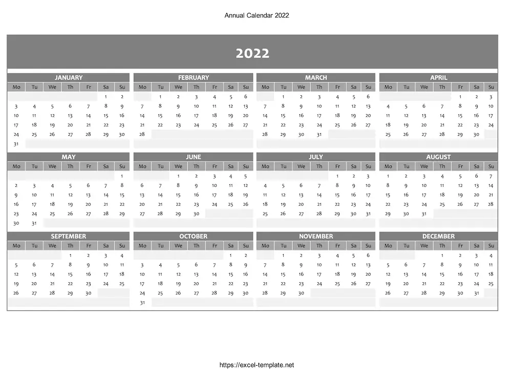 Grey annual calendar 2022 (Excel or PDF)