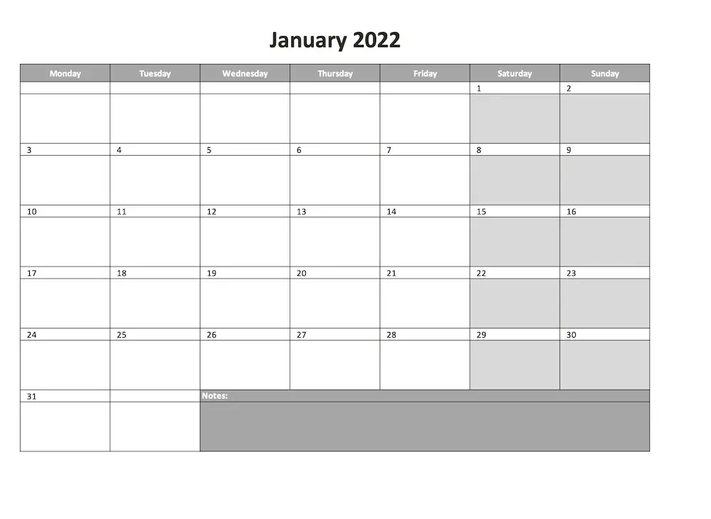 Monthly calendar 2022 (excel)