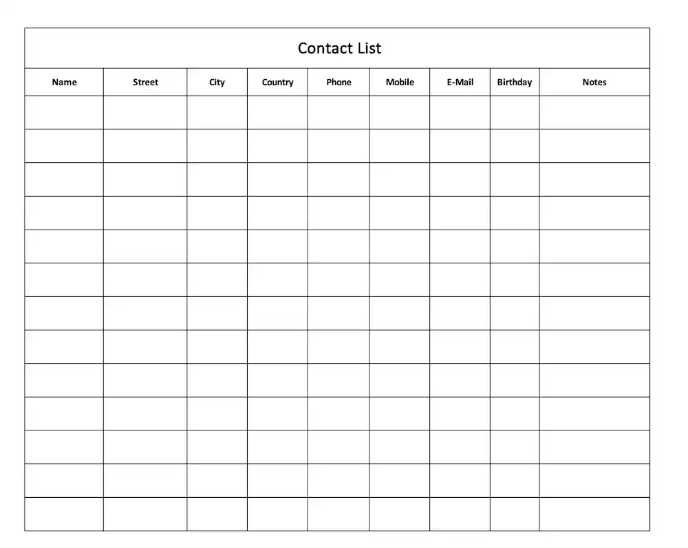 Screenshot of a simple contact list Excel Template