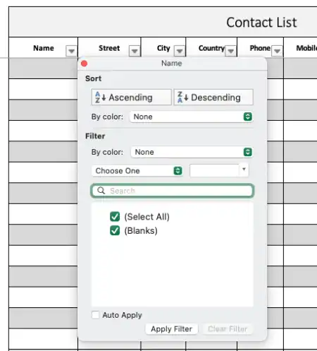 Contact List with Filter Function Excel Template