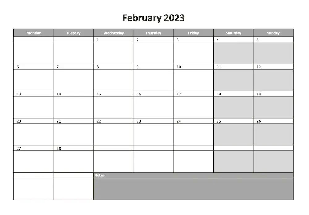 Screenshot of the monthly calendar for 2023 made with MS excel
