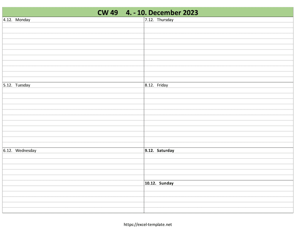Preview of a week in the weekly planner for 2023 with excel