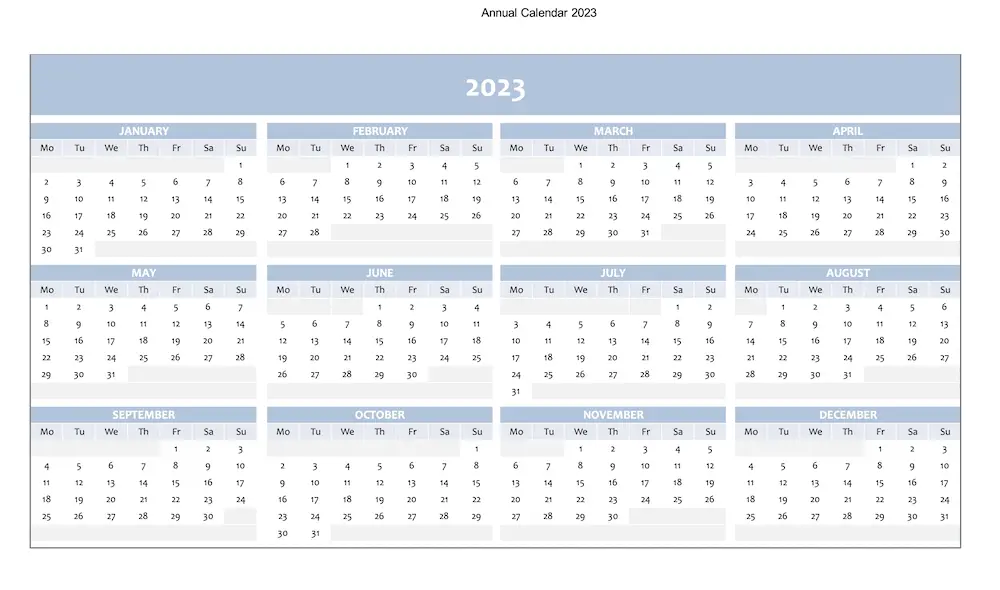 Preview of calendar for 2023 in blue