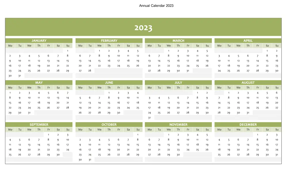 Preview of calendar 2023 in green