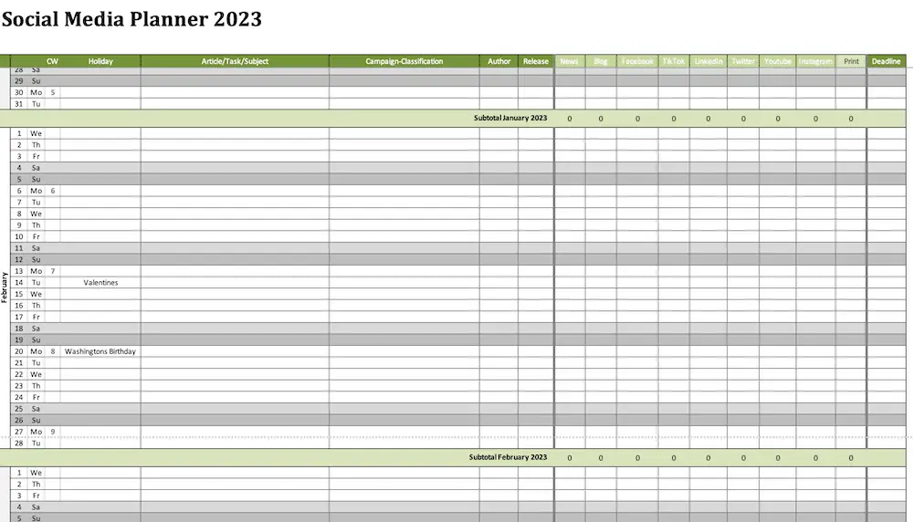 Complete screenshot of the social media planner 2023