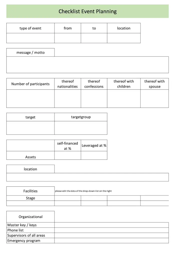 General spreadsheet of the event planner