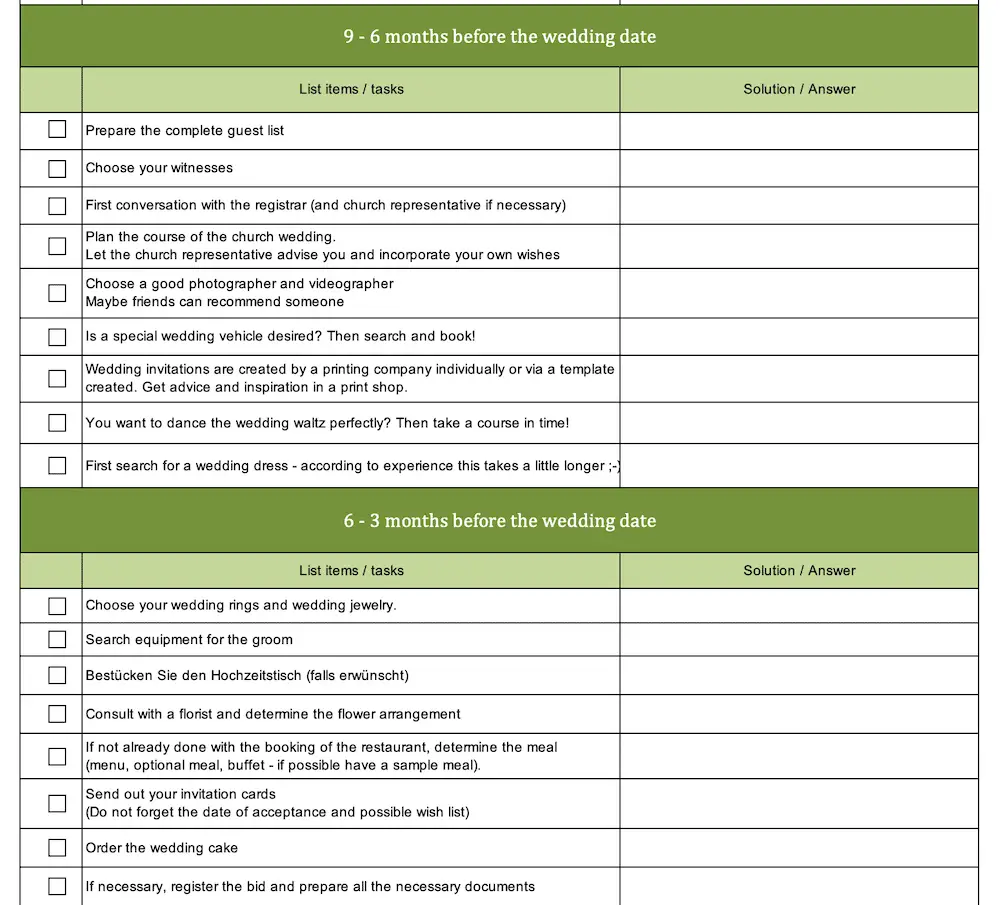 Checklist for wedding (9 - 3 months before)