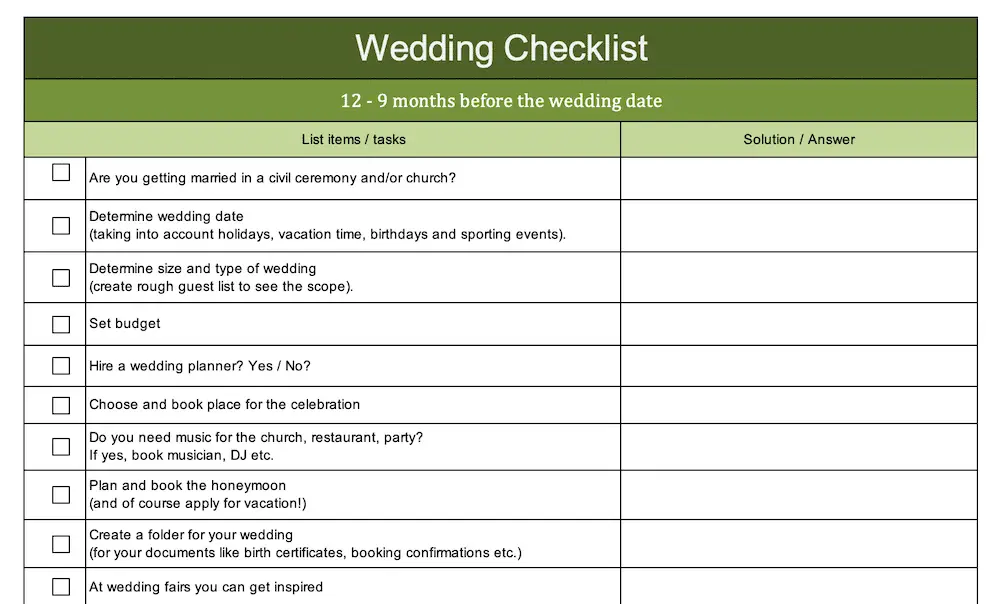 wedding list template excel