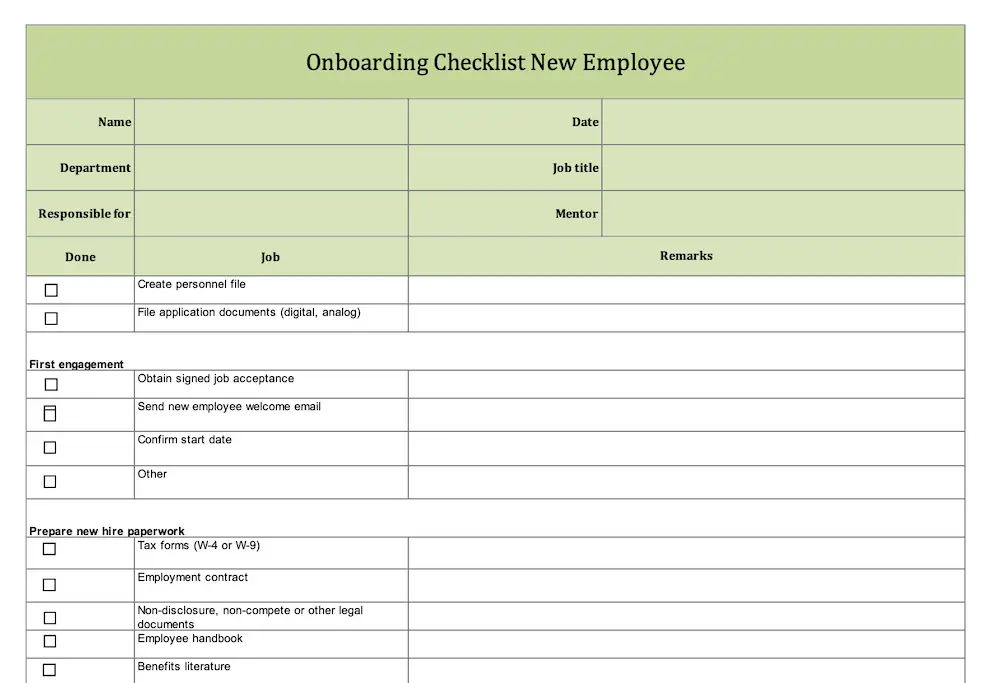 Onboarding checklist for new employee