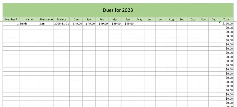 Membership dues managed by Excel
