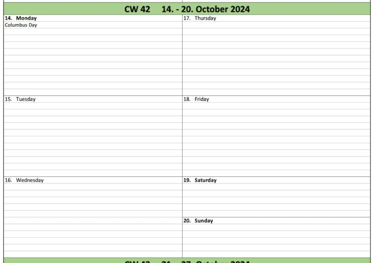 Free Weekly Calendar Excel Template for 2024