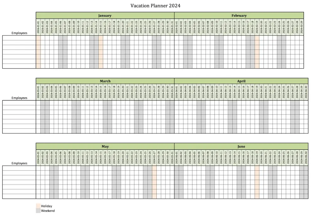 Screenshot of the vacation planner for 7 employees for 2024