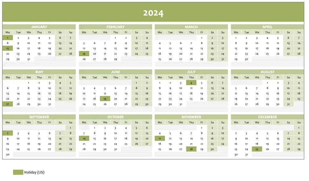 Calendar 2024 in green with Excel