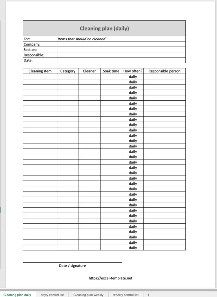 Daily cleaning plan for gastronomy