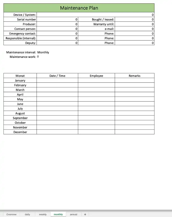 Monthly service plan (preview of Excel sheet)