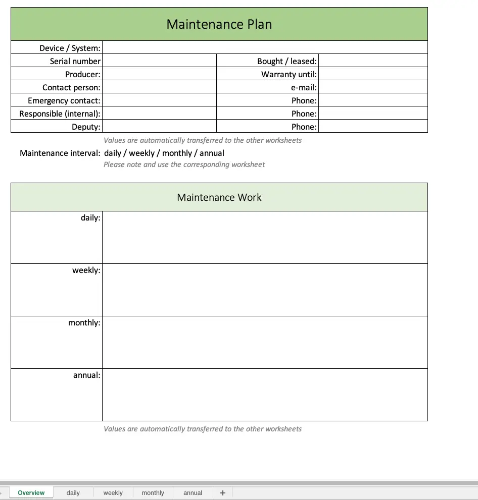 Maintenance Excel Template - Overview