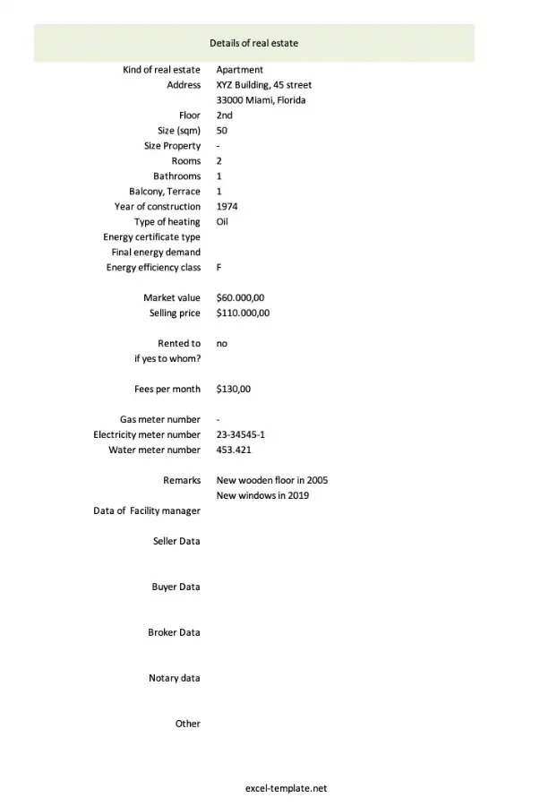 Screenshot of the simple property management Excel template