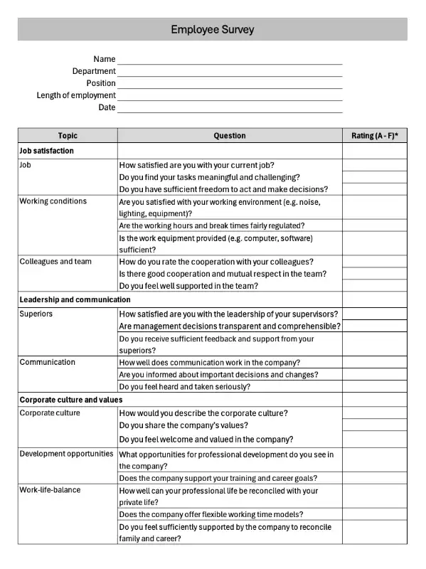 Employee Survey Excel Template (Screenshot)