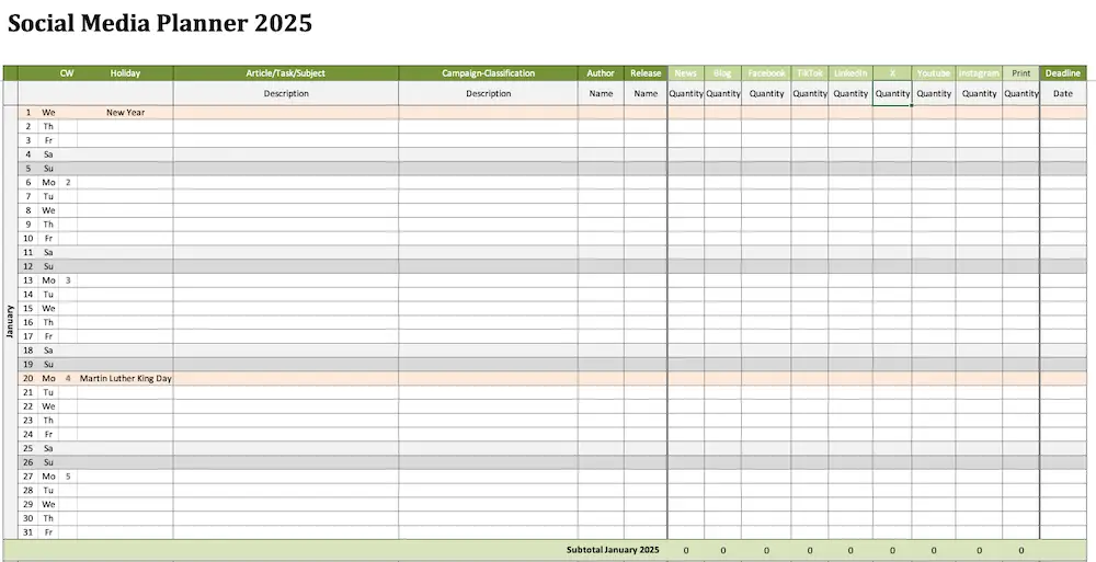 Social Media Planner 2025 Screenshot of January