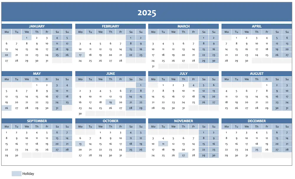 Screenshot of annual calendar 2025 in blue