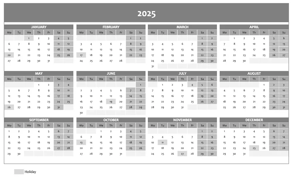 Screenshot of annual calendar 2025 in gray