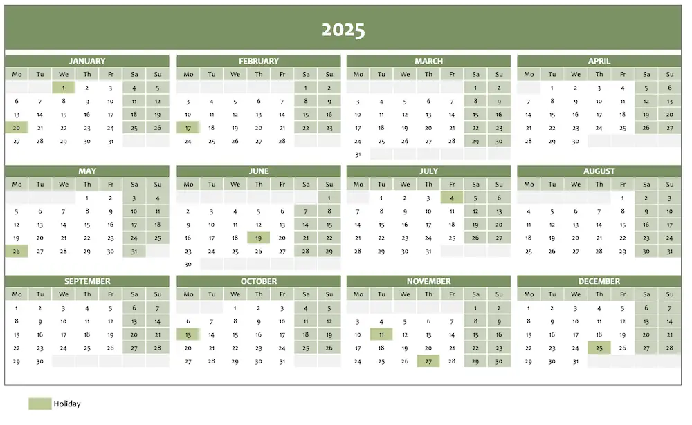 Screenshot of yearly calendar 2025 in green