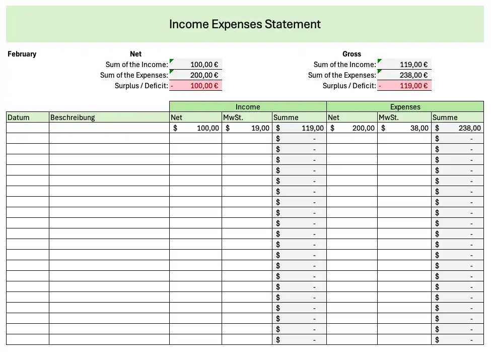 Monthly Income Expense Statement (Screenshot for February)