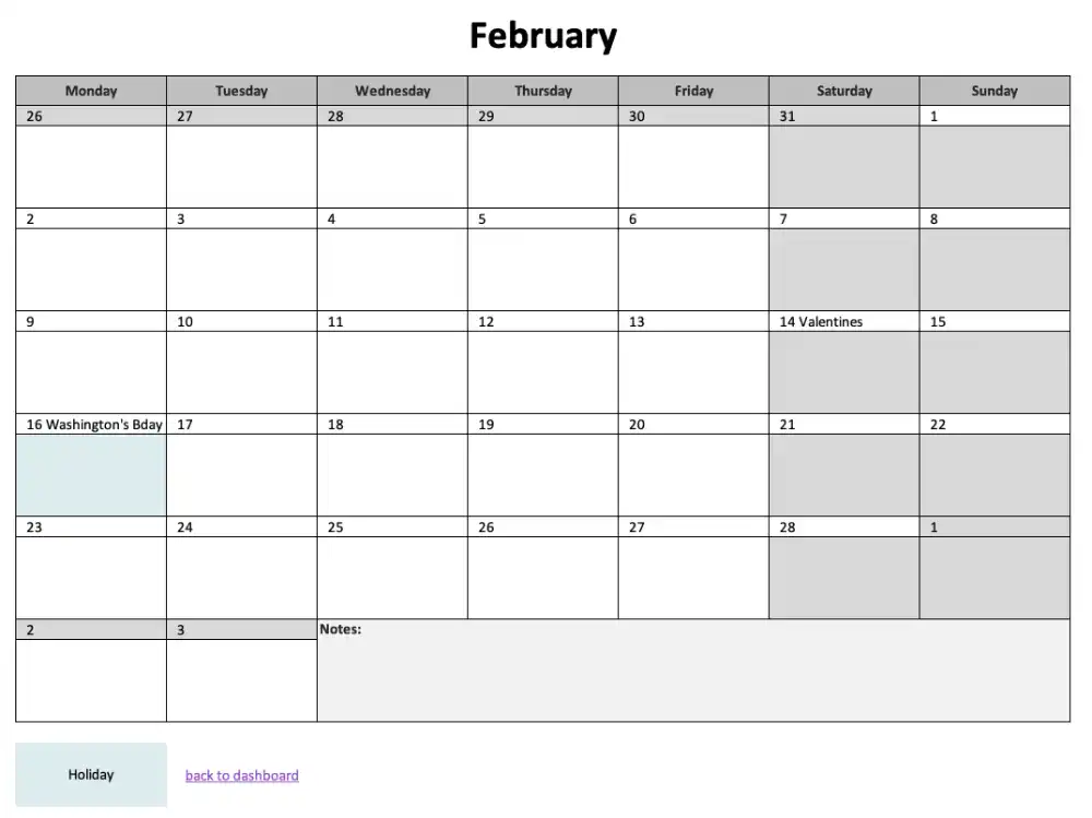 Free Excel Template monthly calendar 2026 (Screenshot)