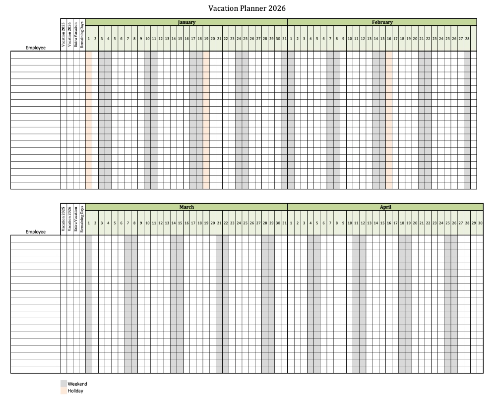Excel Template Vacation Planner 2026 (Screenshot of the free Template)