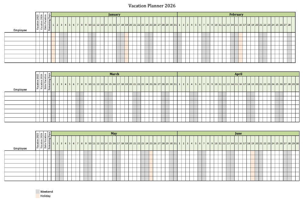 Vacation Planner 2026 for 7 Employees (Screenshot from the Excel Template)