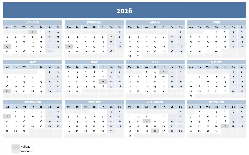 Screenshot of annual calendar 2026 in blue