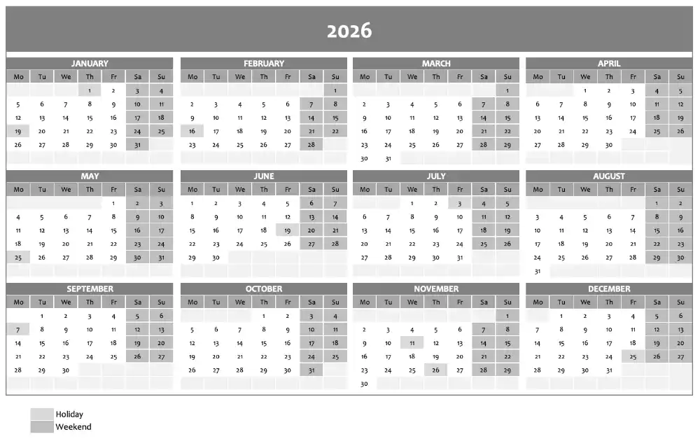 Screenshot of annual calendar 2026 in gray