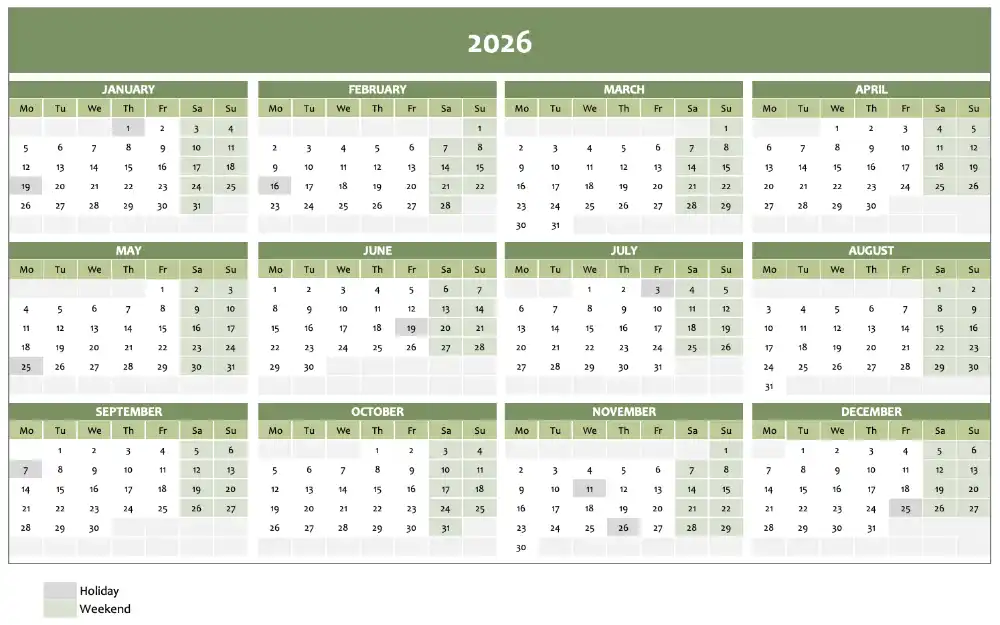 Screenshot of annual calendar 2026 in green