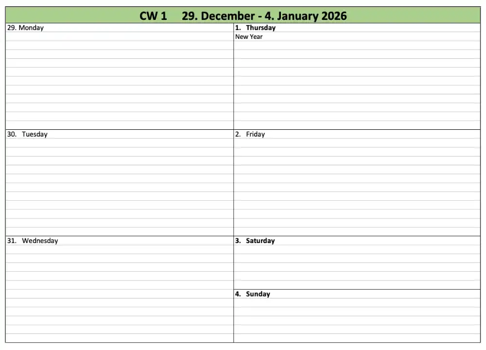 Screenshot of the weekly calendar 2026 for Excel or PDF